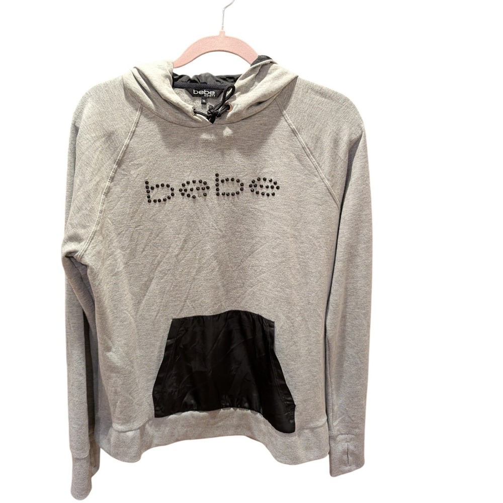 Bebe Sport Womens XL Gray Studded Logo Hoodie Satin Pocket Thumbhole Pullover